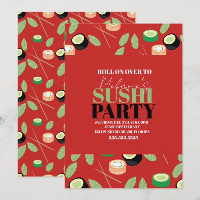 Moderna röda sushi-partirullar födelsedagsnamn julkort (Fram/baksida)