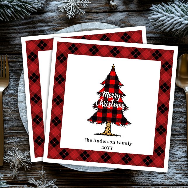 Moderna röda svarta rutmönstrade julservetter anpa pappersservett (Modern Red Black Plaid Christmas Napkin Custom)