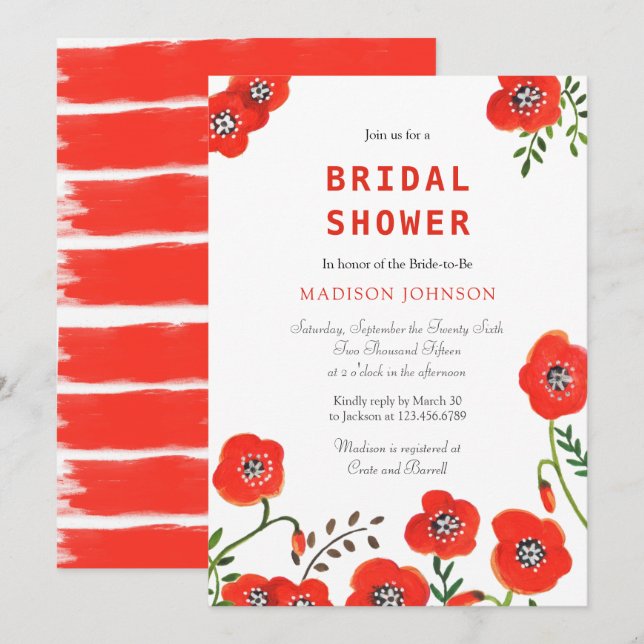 moderna röda vallmo blommor bröllop brud shower inbjudningar (Fram/baksida)