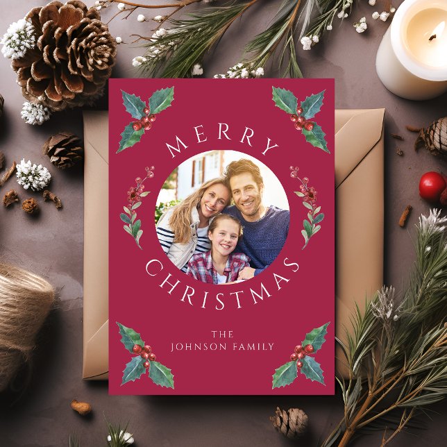 Moderna röda vinterbotaniska julbilder julkort (Modern Red Winter Botanicals Christmas Photo Holiday Card)