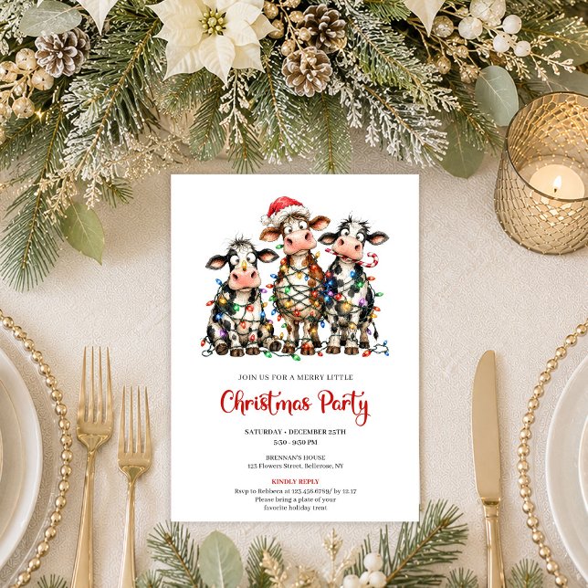 Moderna roliga kor serieteckning julfest inbjudan (Modern Funny Cows Cartoon Christmas Party Invitation Art

)