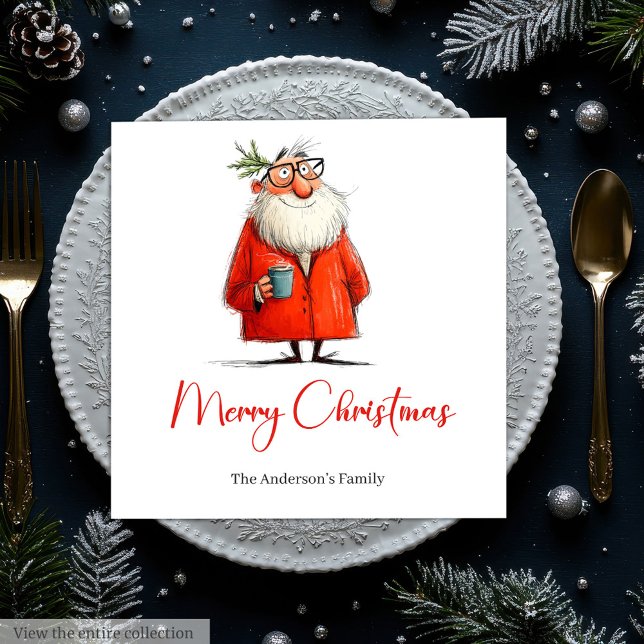 Moderna Roliga Tomte Juldags Napkiner Pappersservett (Modern Funny Santa Claus Christmas Dinner Napkins)