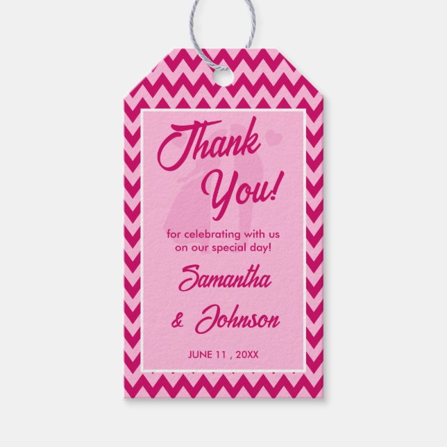 Moderna Rosa Chevron Rand Bröllop Tack Presentetikett (Framsidan)