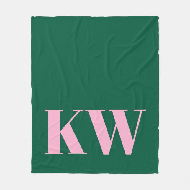Moderna rosa gröna monogram initialer personliga fleecefilt (Framsidan)