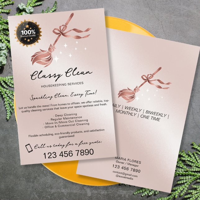 Moderna Rosa Guld Husstädning Städtjänster Flygblad (rose gold broom with a bow cleaning services flyer)
