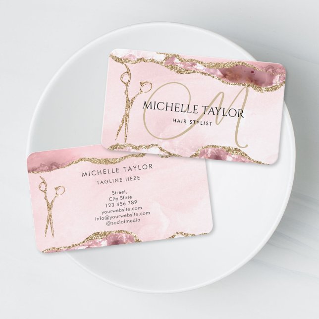Moderna rosa guld saxar frisör monogram visitkort (Modern Pink Gold Scissors Hair Stylist Monogram Business Card)
