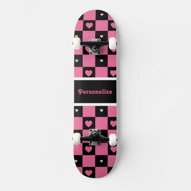 Moderna Rosa och svart kontrollerade hörn med Namn Skateboard Bräda 20 Cm (Framsida)