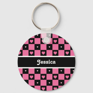 Moderna rosa och svart rutiga hjärtor med namn nyckelring