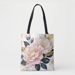 Moderna rosa och vita blommor Grönt och guldgrönt  Tygkasse