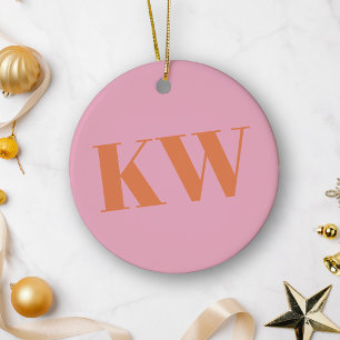 Moderna rosa orange monogram initialer personliga julgransprydnad keramik