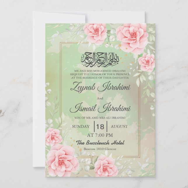 Moderna rosa rosor, gyllene islamskt muslimskt brö inbjudningar (Framsida)
