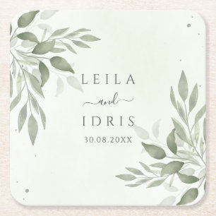 Moderna Sage Greenery Brölllopps Coasters Underlägg Papper Kvadrat