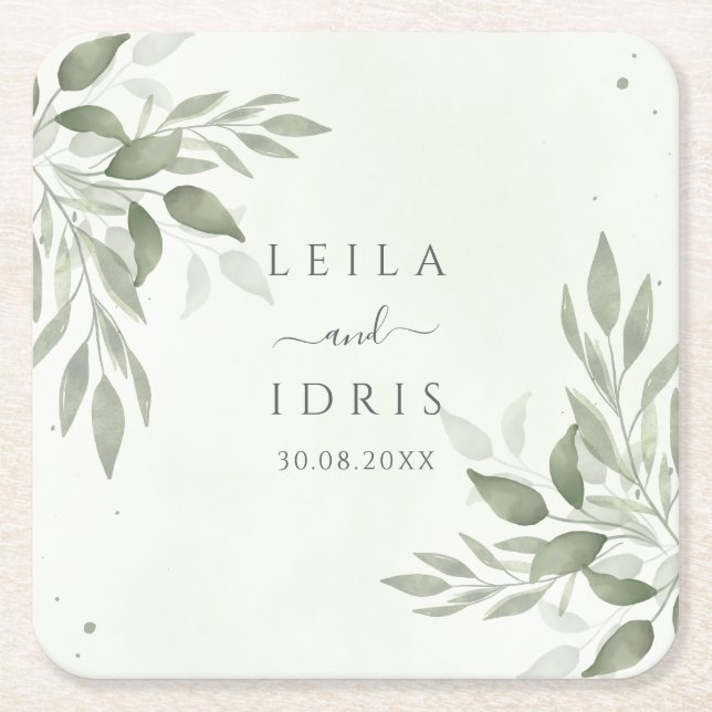Moderna Sage Greenery Brölllopps Coasters Underlägg Papper Kvadrat (Framsidan)