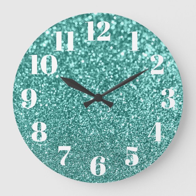 Moderna siffror Faux Glänsande Teal Glitter Foto Stor Klocka (Framsida)