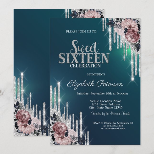 Moderna Silver Glitterdroppar Blommor Sweet 16 Inbjudningar (Fram/baksida)