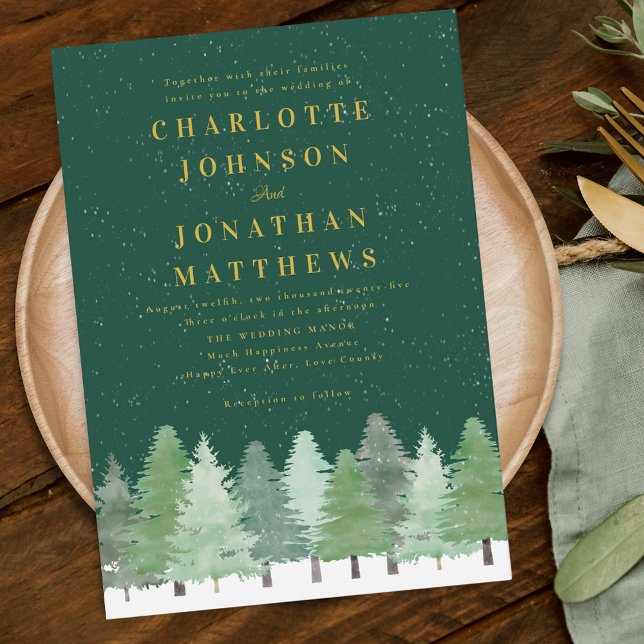 Moderna skogsgröna guld vinterbröllop inbjudningar (Modern elegant watercolor Woodland forest green winter wedding invitation)