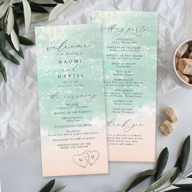 Moderna skrifthörningar i Sand Beach-bröllopet Program (Modern Script Hearts In The Sand Beach Wedding Program)