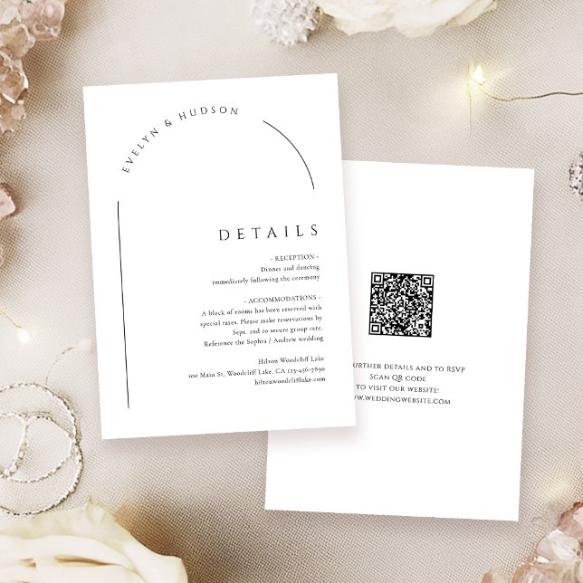 Moderna skript minimalistiska valv QR-kod Detaljer Anteckningskort (Modern Script Minimalist Arch QR code Details Note Card)