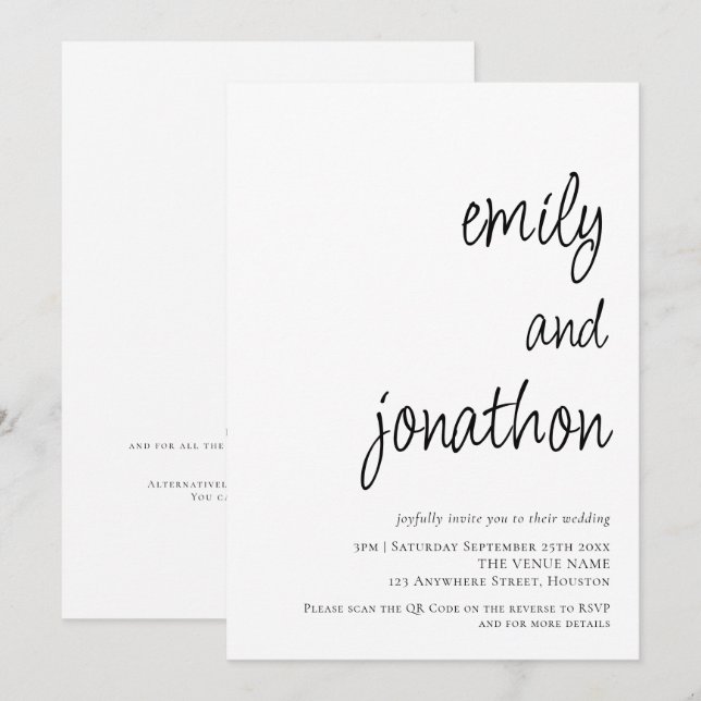 Moderna skriptnamn QR-kod Bröllop Inbjudningar (Fram/baksida)