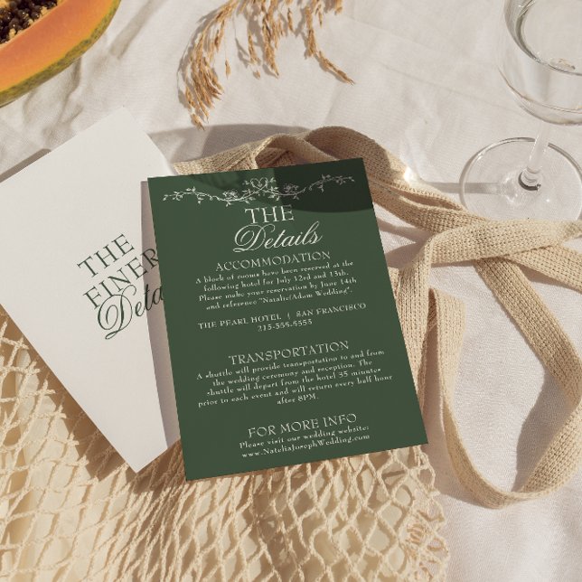 Moderna smaragdgröna boho blommande bröllopsdetalj tilläggskort (Skapare uppladdad)