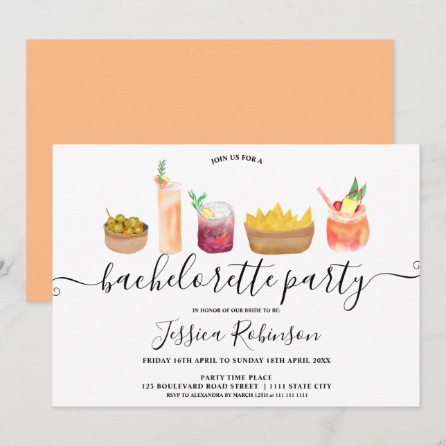 Moderna snacks-cocktails vattenfärgsbachelorette inbjudningar (Fram/baksida)