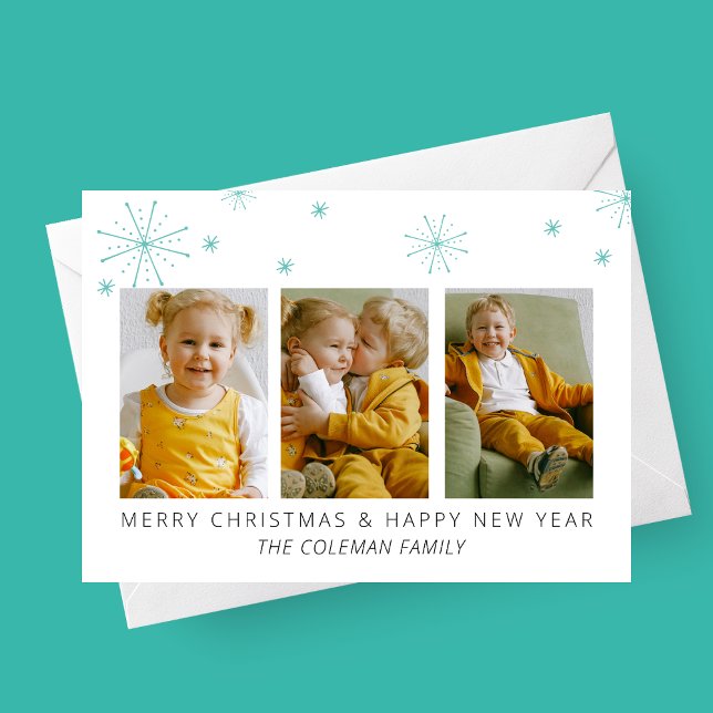  Moderna snöflingor 3 Foto Julkort (Stylish Modern Snowflakes 3 Photo Family Christmas Card | Holiday Photo Card)