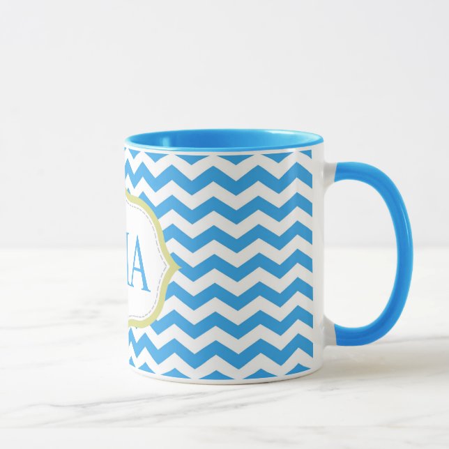 moderna snygga blåa chevronränder monograminitiale mugg (Höger)