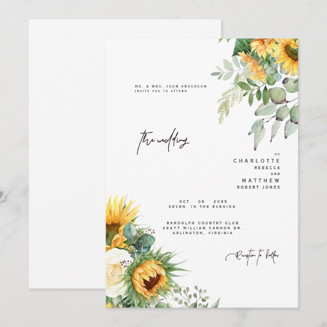 Moderna solblommor i blommans gröna föräldrar inbjudningar (Fram/baksida)