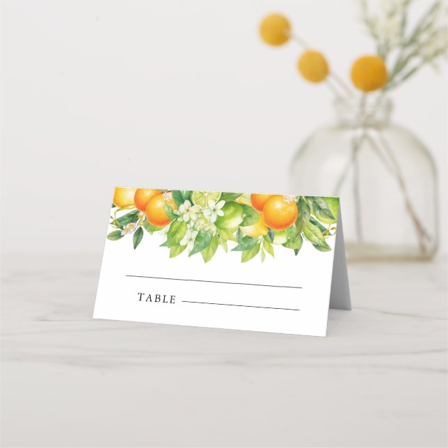 Moderna sommarapelsiner citron citrus bröllopsdusc placeringskort (Framsida)