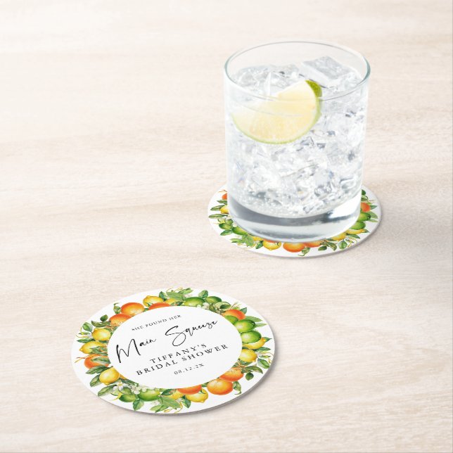 Moderna sommarapelsiner citron citrus bröllopsdusc underlägg papper rund (Insitu)
