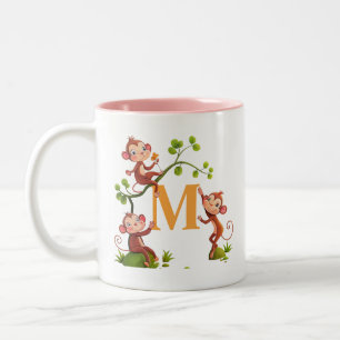Moderna söta apor och rosa initialmugg Två-Tonad mugg