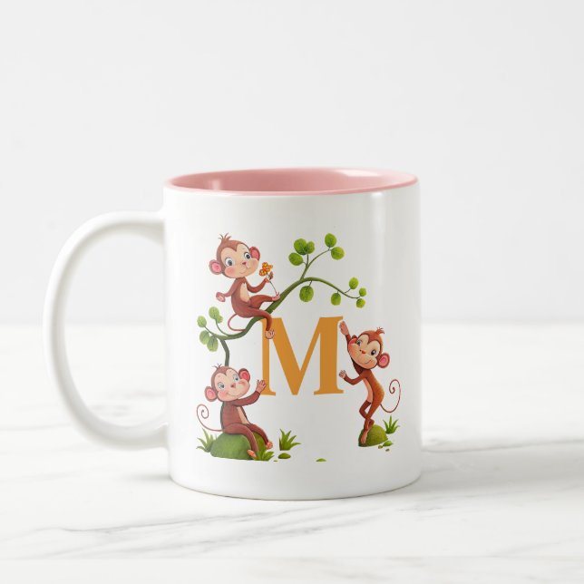 Moderna söta apor och rosa initialmugg Två-Tonad mugg (Vänster)