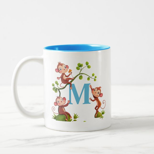 Moderna söta apor och turkos initial mugg (Vänster)