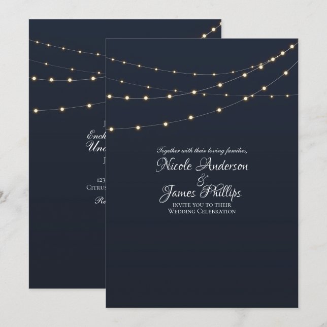 Moderna strängljus Enkla rustika minimala bröllop Inbjudningar (Fram/baksida)