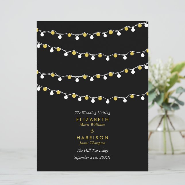 Moderna strängljus, vit & guld bröllop program (Stående Fram)