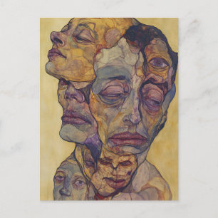 Moderna Surrealistiska Ansikten Gul Expressionist  Vykort
