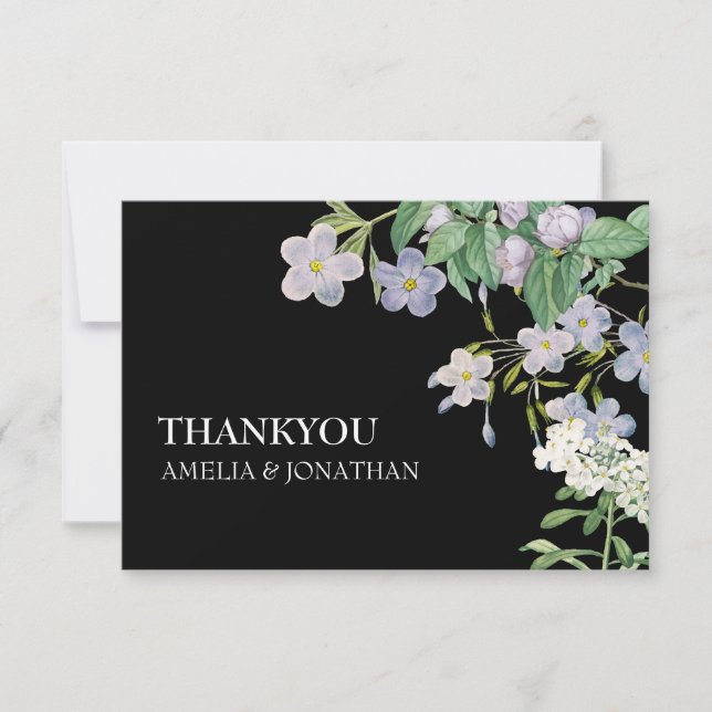 Moderna svart & vita akvarellblommor Bröllop Tack Kort (Framsida)