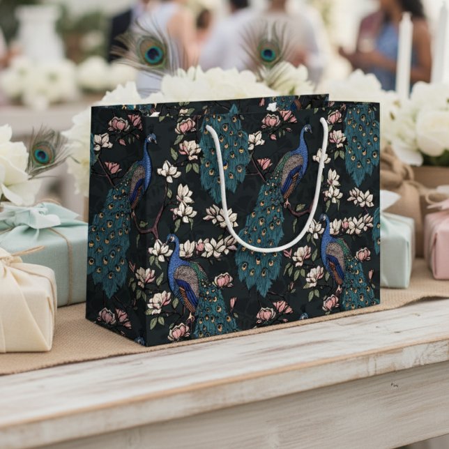 Moderna svarta blomstermönster med påfåglar och ma (Beautiful Floral Peacock Bird, Teal Feathers Large Gift Bag. Colorful Vintage Chinoiserie Style.)