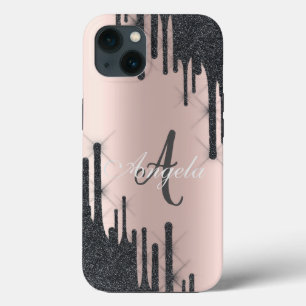 Moderna svarta glitterdroppar, roséguld, monogram