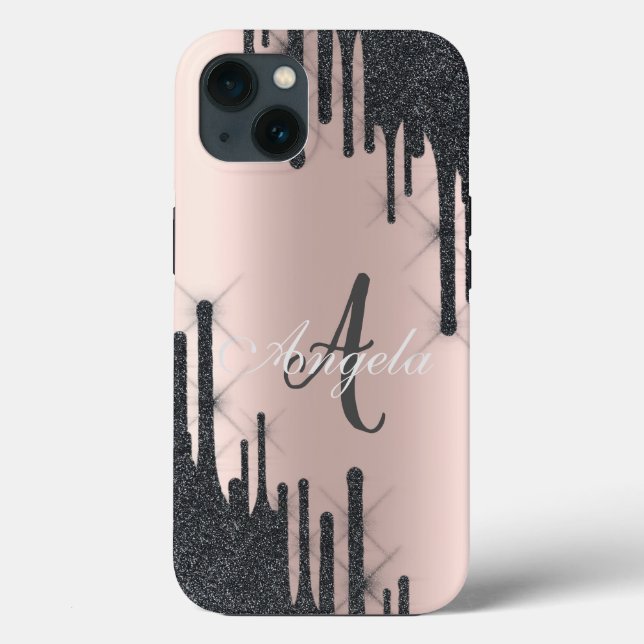 Moderna svarta glitterdroppar, roséguld, monogram  (Baksida)
