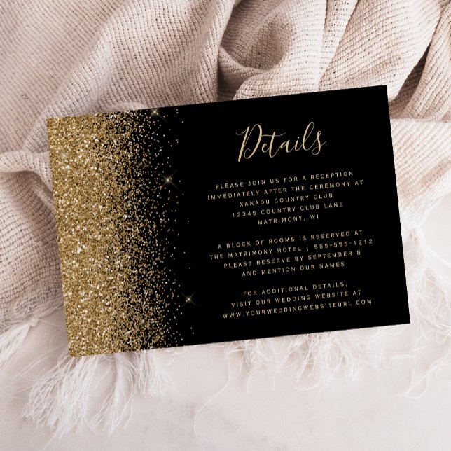 Moderna svarta guld glitter kant bröllopsdetaljer tilläggskort (Skapare uppladdad)