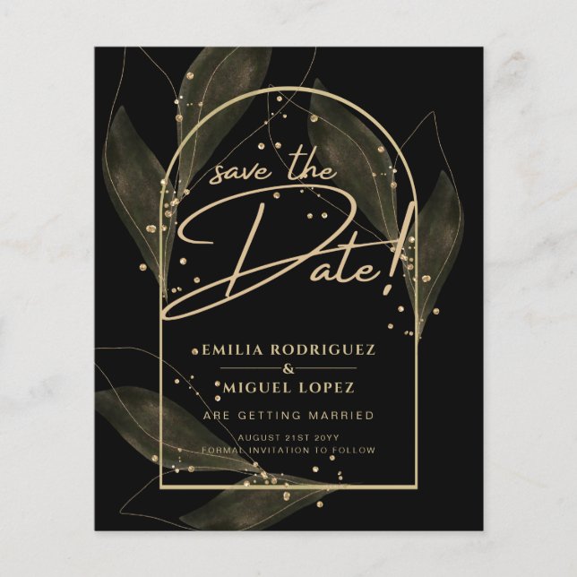Moderna svarta guldblad Wedding Save The Date Flygblad (Framsidan)