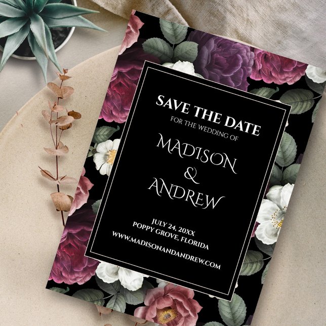 Moderna svarta och burgunderfärgade pioner Spara d (Modern Black and Burgundy Peonies Save the Date on neutral plate)