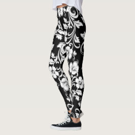 Moderna svarta och vita blommor Filigree-teckninga Leggings