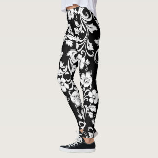 Moderna svarta och vita blommor Filigree-teckninga Leggings