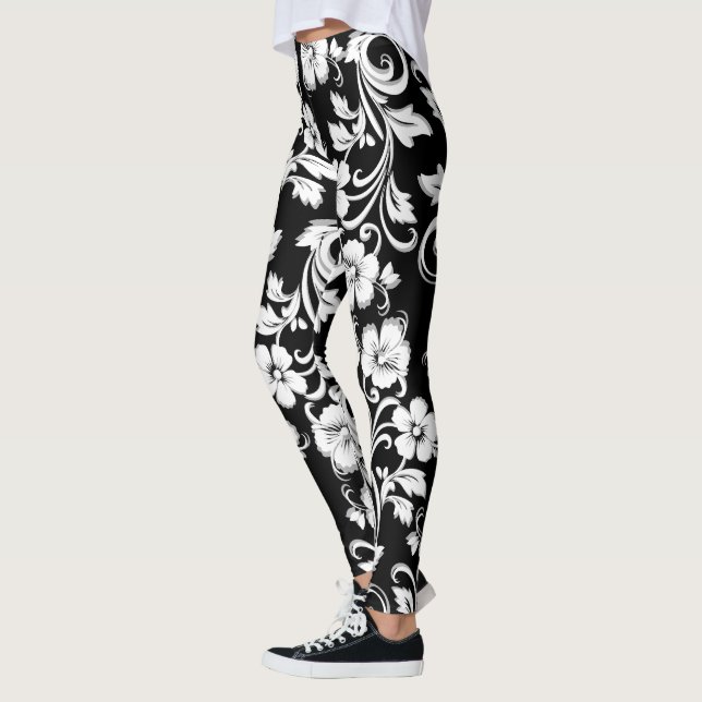 Moderna svarta och vita blommor Filigree-teckninga Leggings (Vänster)