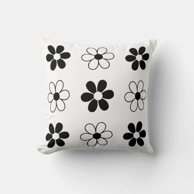 Moderna svarta och vita blommor på vitt kudde (Framsida)