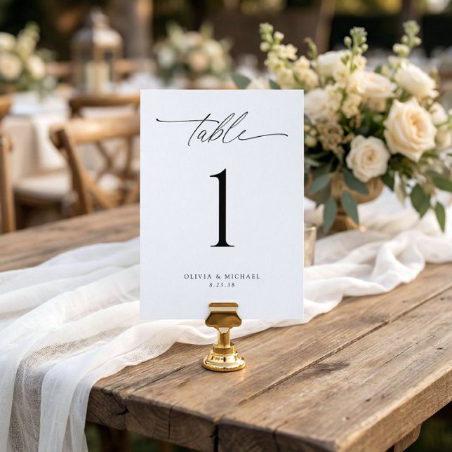 Moderna svarta och vita bröllopsbord nummerkort inbjudningar (modern wedding table number 5x7 minimalist elegant handwriting script reception table decor)