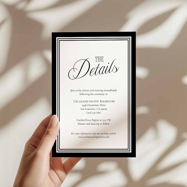 Moderna svarta och vita bröllopsdetaljer tilläggskort (Modern Elegant Details Wedding Card)