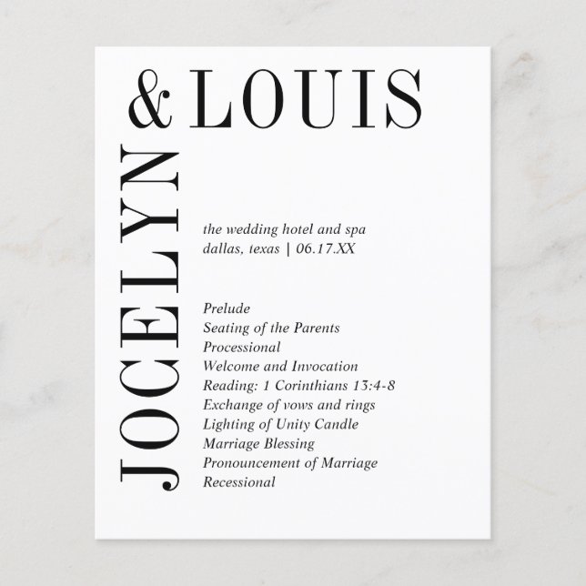 Moderna svarta och vita bröllopsprogram (Framsida)